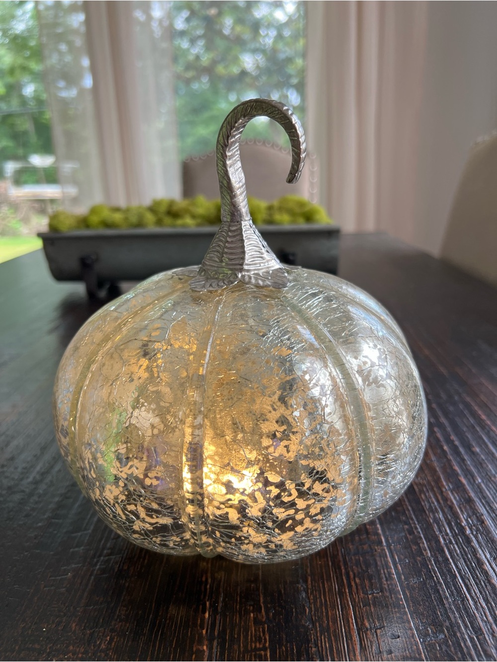 Mercury Crackle Glass Pumpkin Decoration, Silver Tone Metal Stem